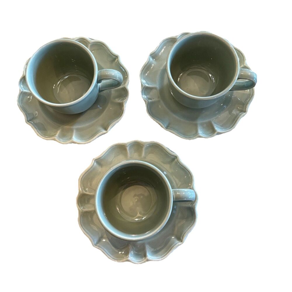 Varages France Vintage LUBERON Celadon Set of Three Flat Cups and Saucers NEW